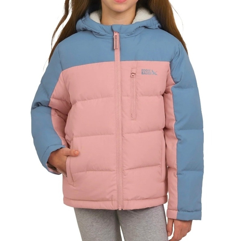 Eddie Bauer Girls Puffer Jacket Pink Blue Colorblock Sherpa Hooded Winter Coat